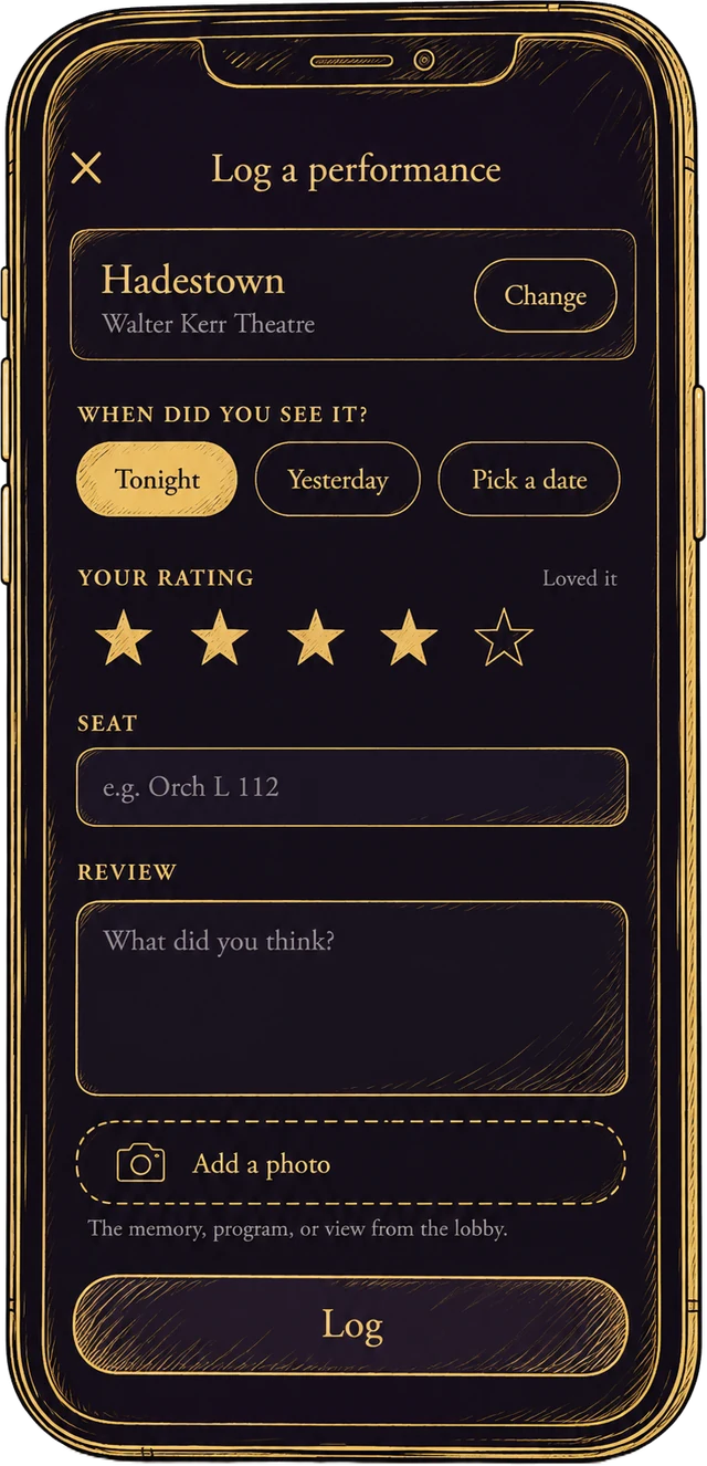 The Downstage app on a phone, logging Hadestown: tonight, rated 4 of 5 stars, with fields for seat, review and a photo.