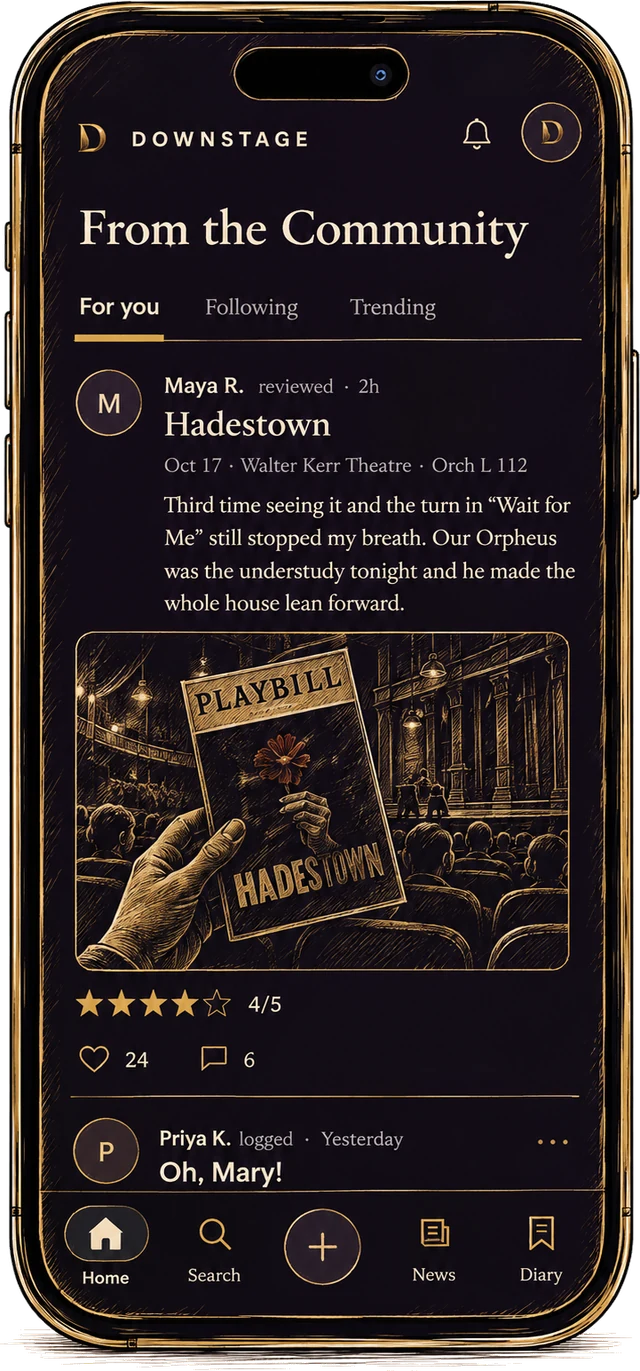 The Downstage community feed on a phone: a review of Hadestown, rated 4 of 5 stars, with the reviewer’s photo of the program.